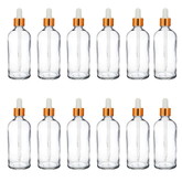 Willow 30/ 50/ 100 ml Clear Round Empty Glass Bottle + Glass Dropper + Gold Ring + White Silicone Teat (12pc Pack)