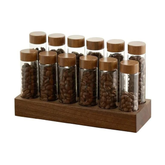 Olmecs 12Pcs Coffee Bean Storage Tubes with Wooden Stand, Glass Vials with Lids for Tea, Coffee, and Spices