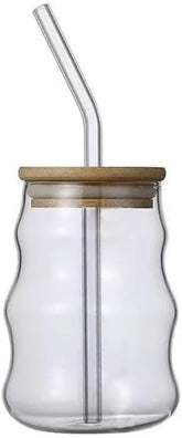 Liying 1Pcs Glass Cups with Bamboo Lids and Glass Straw 500ML Shaped Cups