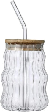 Liying 1Pcs Glass Cups with Bamboo Lids and Glass Straw 500ML Shaped Cups