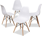 Olmecs Natural Wood Legs Mid Century Modern DSW Molded Shell Lounge Plastic Arm Chair 4Pcs (WHITE)