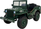VLRA kids Vintage Military Jeep Ride-On, Army Green, Electric Powered, with LED Headlights