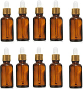 Willow 30/ 50/ 100 ml Amber Round Empty Glass Bottle + Glass Dropper + Gold Ring + Black Silicone Teat (12pc Pack)