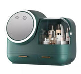 Cosmetic Storage Box, Dustproof Makeup Organizer Holder, with Drawers, Fan and 360° Rotating Adjustable Lighted Makeup Mirror