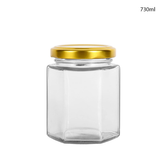 Clear Hexagonal Glass Jars with Gold Cap 730ml (45Pcs/Ctn)