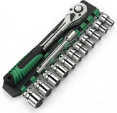 12Pcs Socket Wrench Set with Ratchet Handle – Steel Socket Tool Kit with Extension Bars, Universal Joint & Metal Storage Case (Grey)