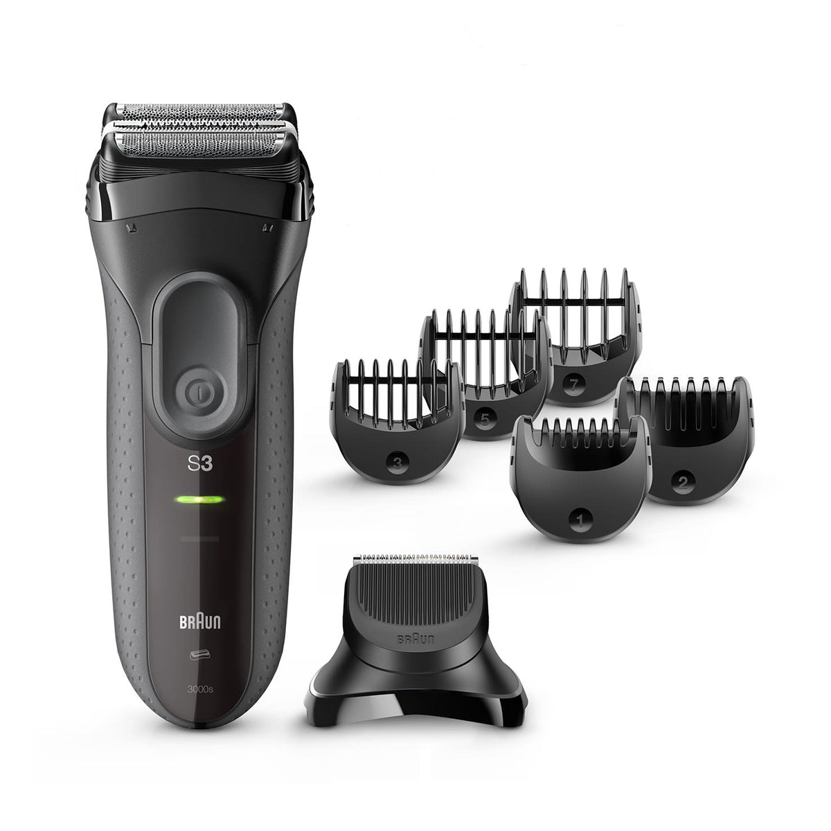 Braun Series 3 Shave&Style 3000BT shaver with trimmer head and 5 combs, grey.