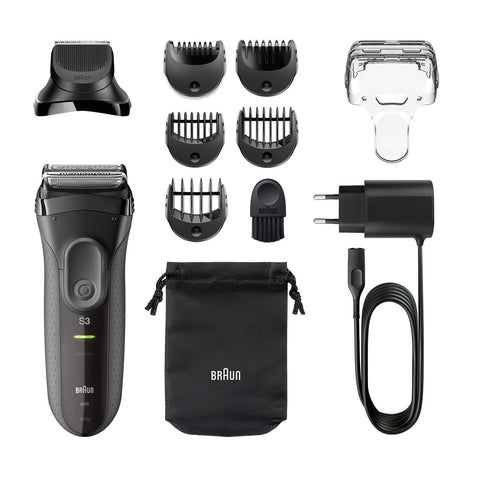 Braun Series 3 Shave&Style 3000BT shaver with trimmer head and 5 combs, grey.