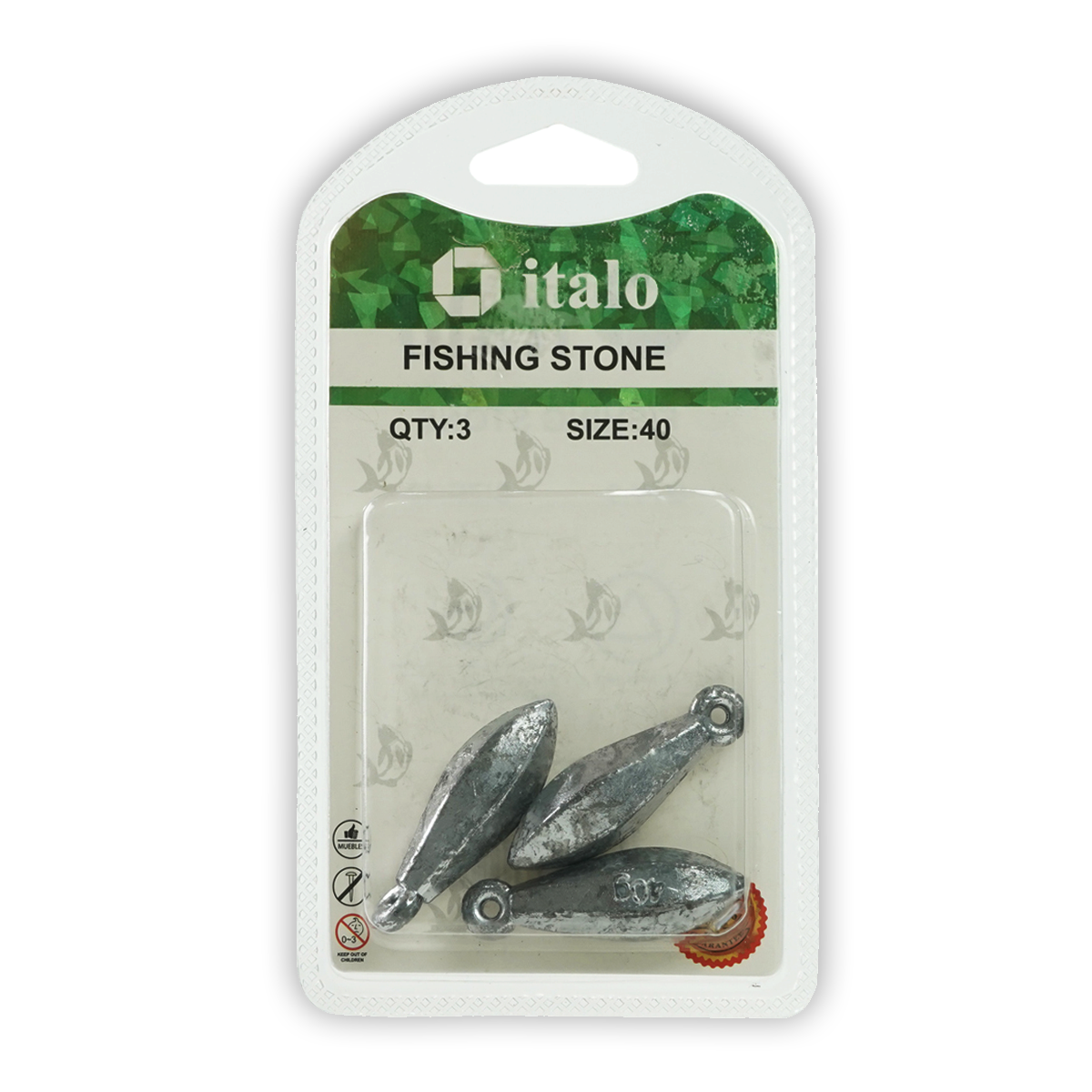 Fishing Stone Long Shape Sinker Pack of 3pcs - Size 40 - Italo