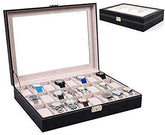 24 Grid Slot Watch Jewelry Display Box Case Leather Jewelry Watch Box with Pillows Bracelet Organizers Lockable Case (Black)