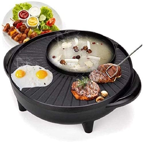 Smokeless Non-Stick Indoor 2 in 1 BBQ Grill & Hot Pot Multi-Function Electric Barbecue Oven