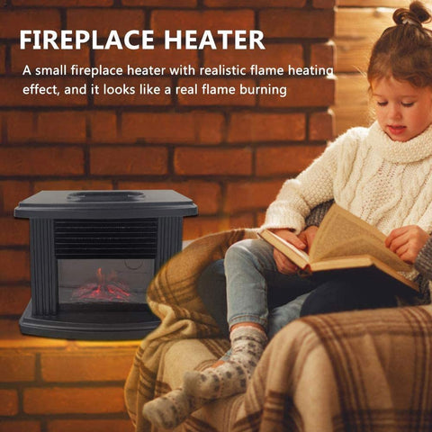 1000W Mini Electric Fireplace Tabletop Portable Living Room Warm Winter Heater - Black EU Plug