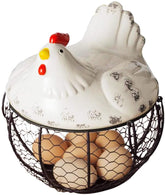Metal Mesh Wire Egg Storage Basket with White Ceramic Farm Chicken Top ( White )