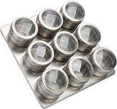 9 Magnetic Stainless Steel Spice Jars, Condiments, Fridge Magnets with Labels