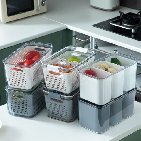 Kitchen refrigerator, food storage containers, drain basket, fresh fruit and vegetable basket with compartments