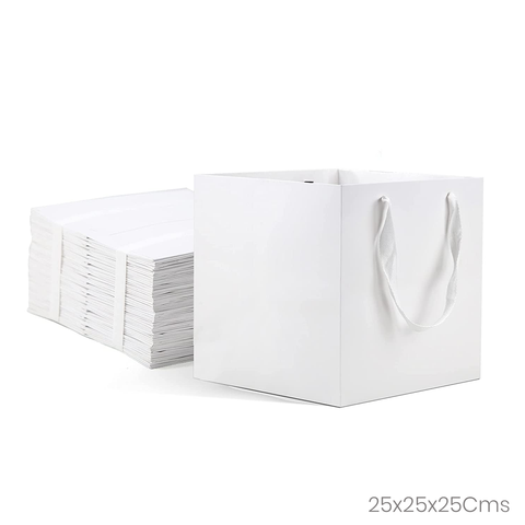 Willow 12 Packs Square White Kraft Paper Bag with Ribbon Handle Size 25x25x25Cms