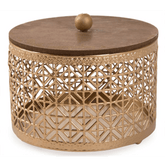 Medium Metal Storage Box & Wooden Cover (15.8 x 13.5 cm, Gold)
