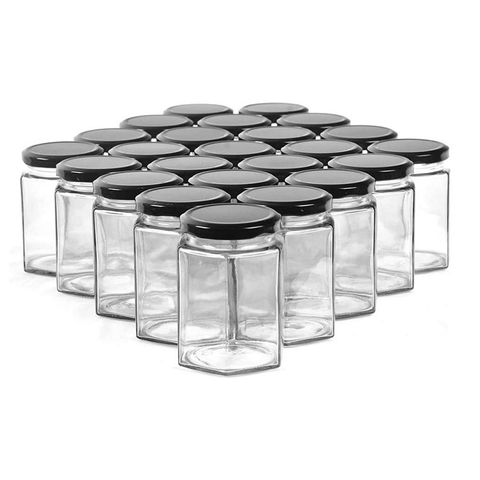 72Pcs Hexagon Glass Jars with BLACK Lids 180ml - Willow