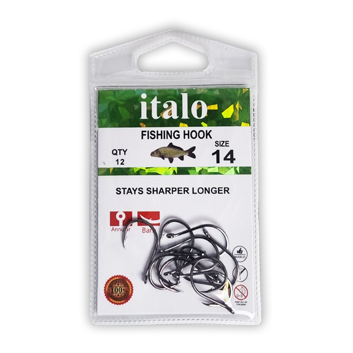 Fishing Hooks, Stay Sharper Longer, Pack of 10pcs - Size 16 - Italo