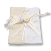 Willow 12Pcs 2 color Burlap Bags with Drawstring, Bow & Ribbon (Beige/White, 10x14 Cms)