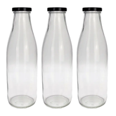 Milk, Juice Glass Bottle with Black 1000ml - 12 Pc Pack