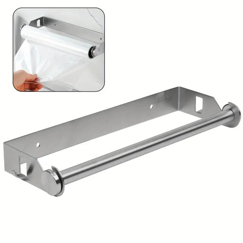 1pc Stainless Steel Paper Towel Holder with Dual Hooks, 27.94 cm Kitchen Roll Dispenser, Wall-Mounted, Punch-Free