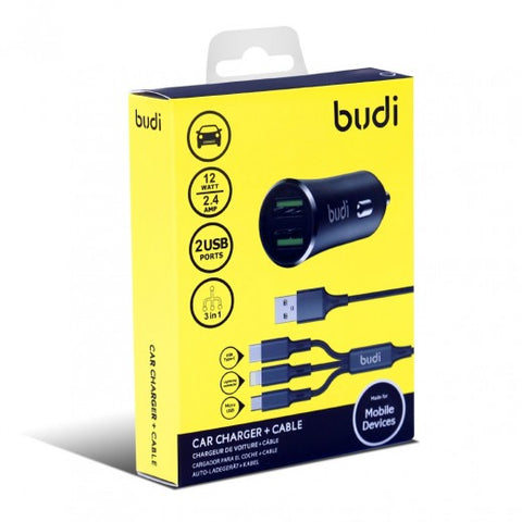 Budi 12W Car Charger with 3-in-1 Charging Cable 1 m