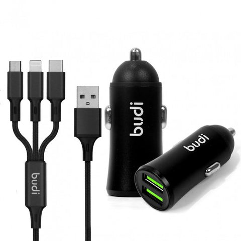 Budi 12W Car Charger with 3-in-1 Charging Cable 1 m