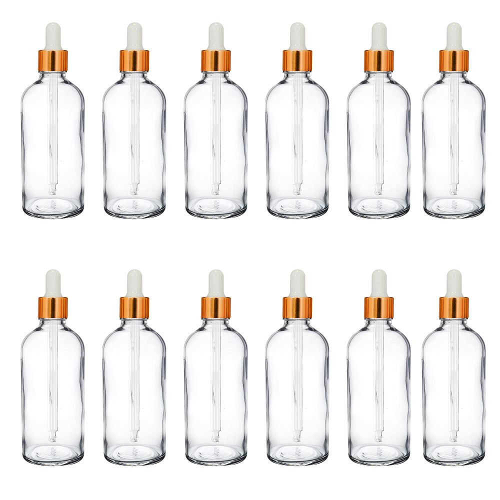 Willow 30/ 50/ 100 ml Clear Round Empty Glass Bottle + Glass Dropper + Gold Ring + White Silicone Teat (12pc Pack)