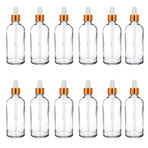 Willow 30/ 50/ 100 ml Clear Round Empty Glass Bottle + Glass Dropper + Gold Ring + White Silicone Teat (12pc Pack)