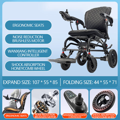 Electric Folding Lightweight Wheelchair - with Removable 10Ah Lithium Battery and 360W Brushless Motor, Net Weight Only 17kg, 100kg Load Capacity and Up to 12km Range