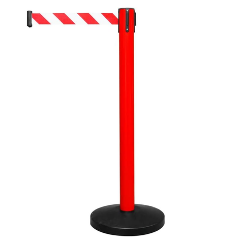 Olmecs 4 Way Connecting Queue Barrier - Red | Retractable Stanchions with 2 Meter Nylon Belt | Durable Crowd Control for Queue Management, Events