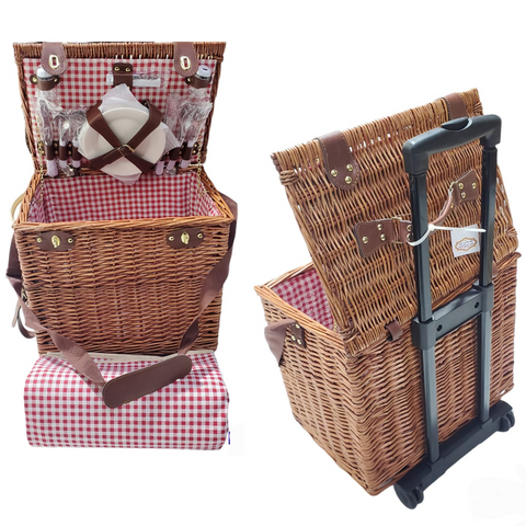 Willow 4 Person Traditional Picnic Wicker Hamper Basket  with Trolley
