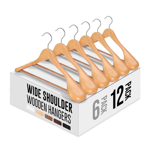 Willow 12 Pack, Wide Shoulder Wooden Hangers  Wood Suit Hangers for Men with Non Slip Pants Bar