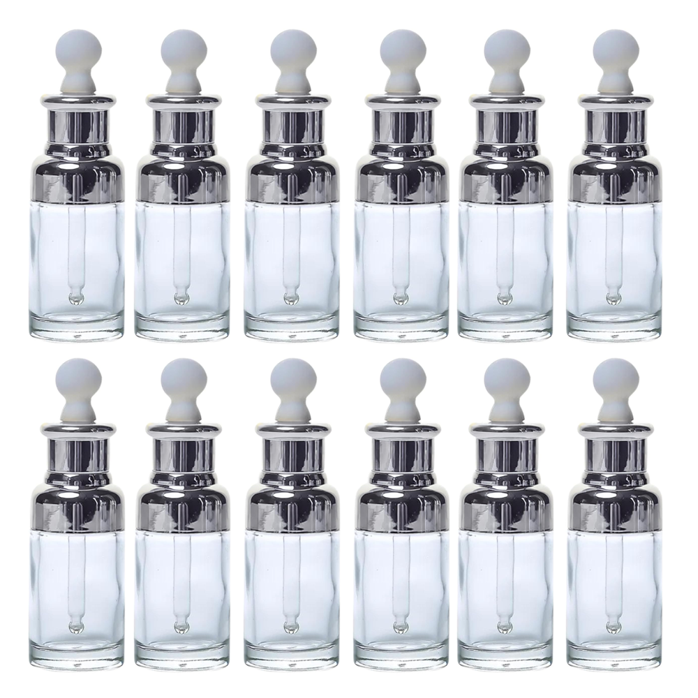 Willow Luxury Clear Glass Dropper Bottles - Thick 2oz (30ml) Leakproof Eye Dropper Bottles for Essential Oils, Eye Dropper (Silver) (12Pc Pack)