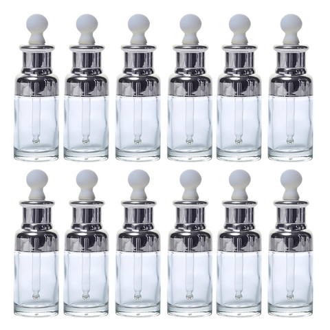Willow Luxury Clear Glass Dropper Bottles - Thick 2oz (30ml) Leakproof Eye Dropper Bottles for Essential Oils, Eye Dropper (Silver) (12Pc Pack)