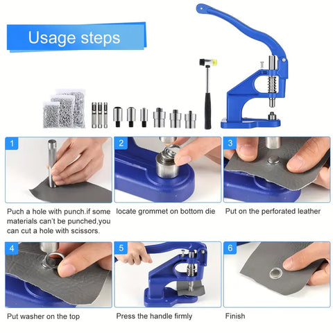 Manual punch eyelet machine with 1500pcs of 6mm, 10mm, and 12mm manual punch rings, including 3 dies #0, #2, and #4