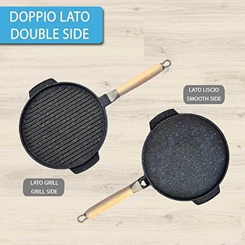 Non-Stick Double Grill Pan 32 cm for Cooking on a Smooth Side and with a Stripe. Removable Handle