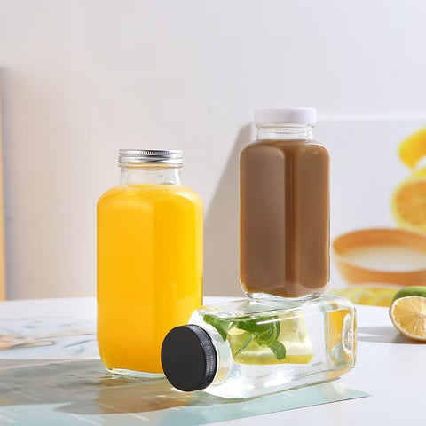 Willow 250ml 350ml 500ml Clear Empty Square Glass Beverage Bottle for Juice Coffee Milk with Lid