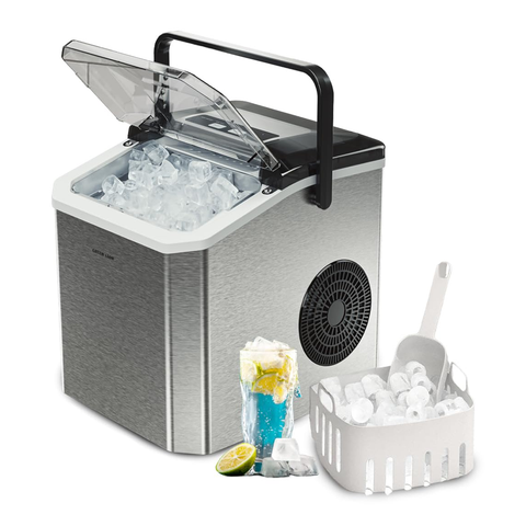 Green Lion Stainless Steel Countertop Ice Maker with Handle, Self-Cleaning Ice Maker Machine with 2 Sizes of Bullet Ice
