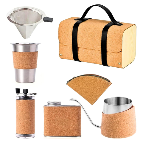 Portable Coffee Kit Coffee Serving Sets-Travel Coffe-e Kit with Grinder-Server-Kettle-Filter-Scale & Steel Drip Funnle, Set-All in Gift Bag (7-IN-1)