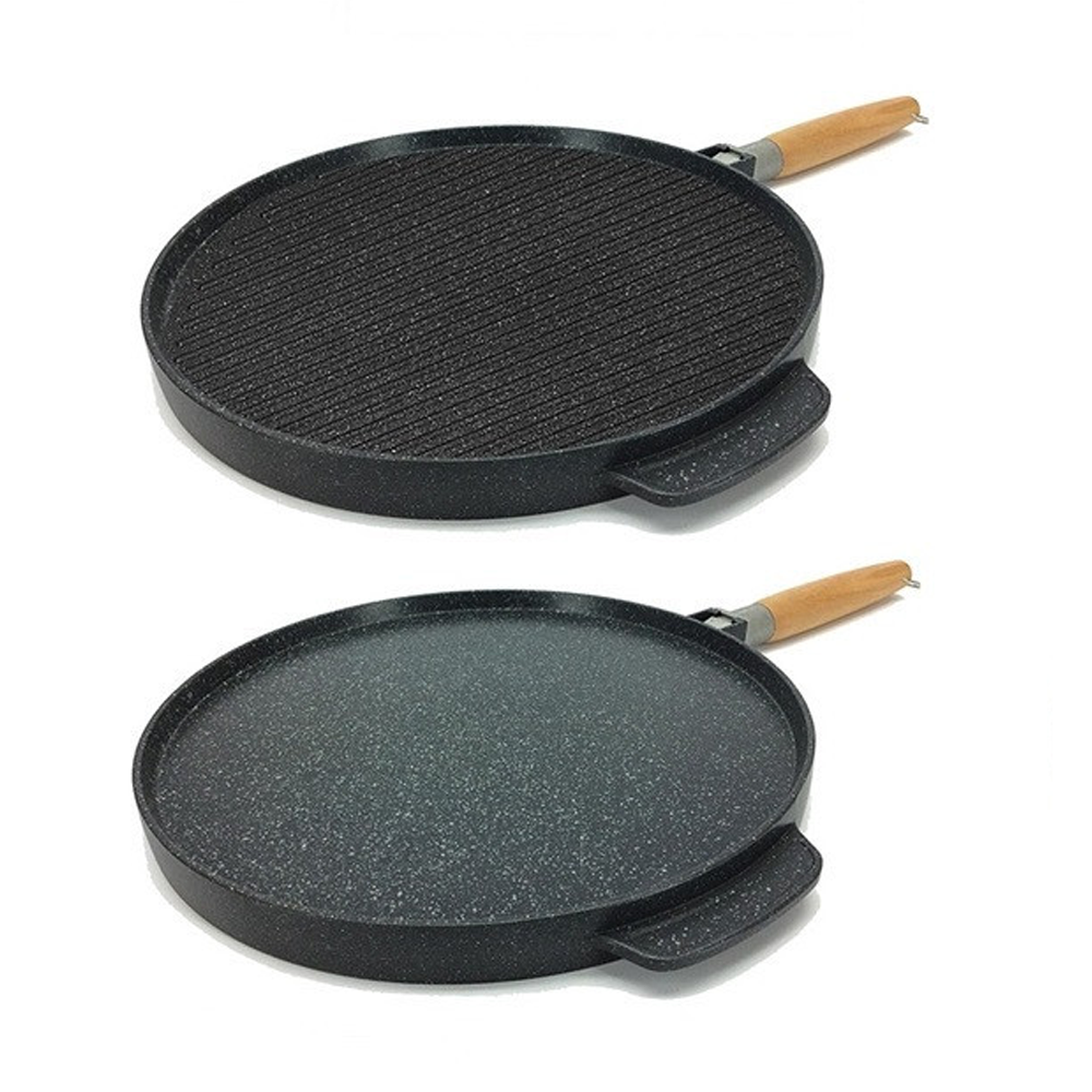 Non-Stick Double Grill Pan 32 cm for Cooking on a Smooth Side and with a Stripe. Removable Handle