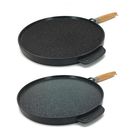Non-Stick Double Grill Pan 32 cm for Cooking on a Smooth Side and with a Stripe. Removable Handle