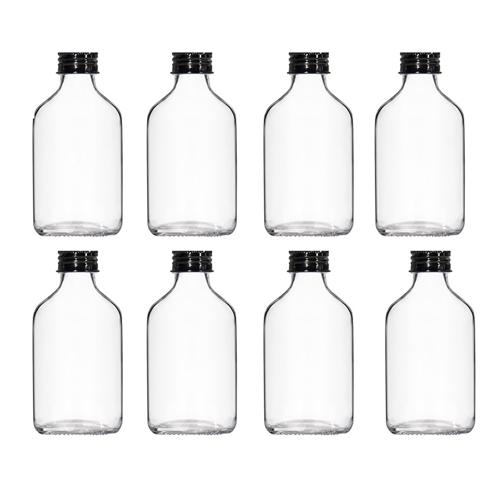 200ml Glass Flask Bottles with Black Tamper Evident Aluminium Black Caps 80 Pc Carton