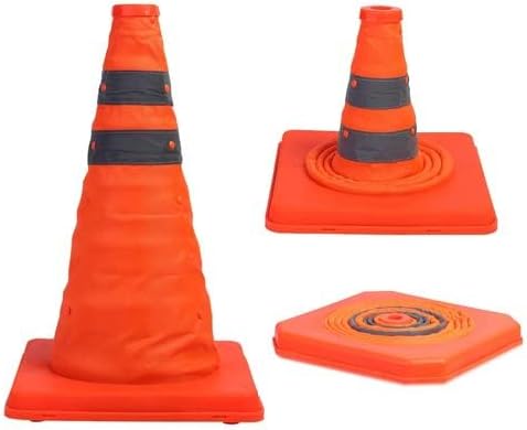 Olmecs Multi Purpose Reflective Collapsible Safety Pylon with Red Warning Light, 50CM Portable Warning Cone for Roadside Emergencies and Parking (1 Cone)