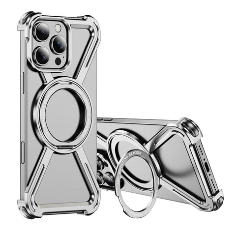 Njoyny Starring Series Magnetic Metal Phone Case for iPhone 16 15 14 13 Pro Max Z Shape Bumper 360° Rotation Holder Protective Cover