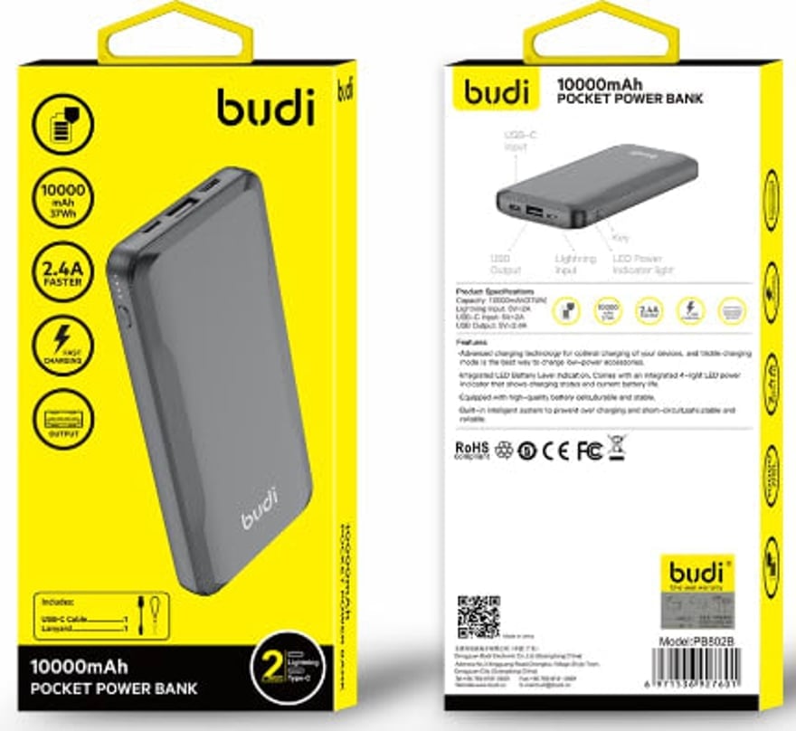 Budi PB-802B Power Bank 10000mAh USB C Power bank for Android & iPhone Device