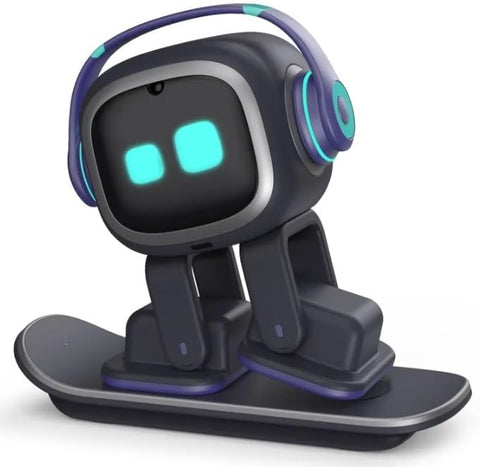 EMO AI desktop pet, black color with blue lights on eyes