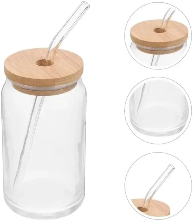 Liying 1Pcs Glass Cups with Bamboo Lids and Glass Straw 400ML Shaped Cups