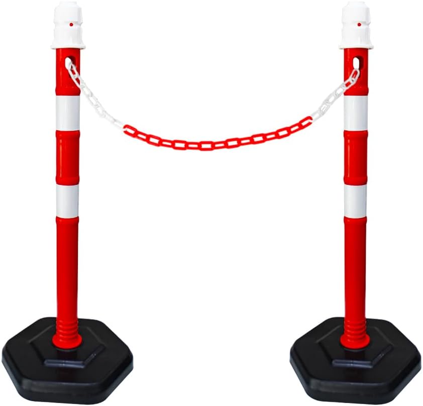 Olmecs Portable 100CM Delineator Post Cones with Weighted Base | Safety Demountable Reflective Traffic Delineator Warning Post for Parking Lot with Sign Board Attachable Socket (2Pc Red with Chain)